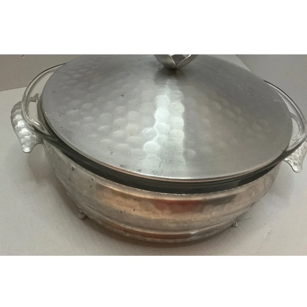 Vintage Hammered Aluminum Casserole Dish with Glass Insert Silver 9in